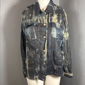 Chico's Distressed Denim Jacket in Blues,Gold and Cream size 0